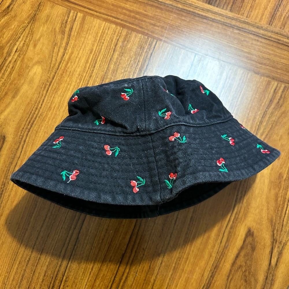 Urban Outfitters Black Denim Bucket Hat w/ Embroidered Red Cherries